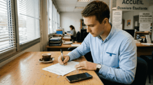 Un jeune adulte en train de compléter son dossier d’inscription au CCA