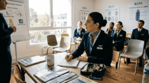 Futur hôtesse de l’air en pleine formation, en salle de cours