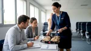 Une formatrice en aéronautique en train de sensibiliser les stagiaires aux consignes de sécurité