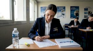 Un élève steward ou hôtesse de l'air en train de passer l'examen de la DGAC.