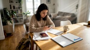 Un jeune adulte consulte son dossier CCA posé sur la table.