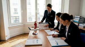 Salle de cours avec des futures hôtesses de l’air en pleine préparation au CCA