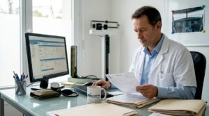 Un médecin passe en revue les dossiers CCA à son bureau.