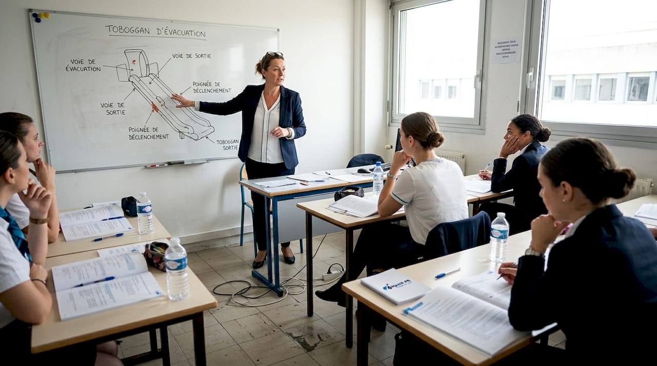 Un instructeur forme des élèves pilotes lors d’un cours en salle.