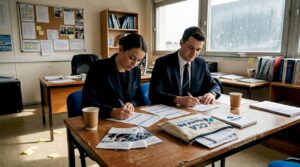 Deux membres d’équipage cabine en train de remplir des papiers administratifs dans un bureau de la compagnie aérienne.