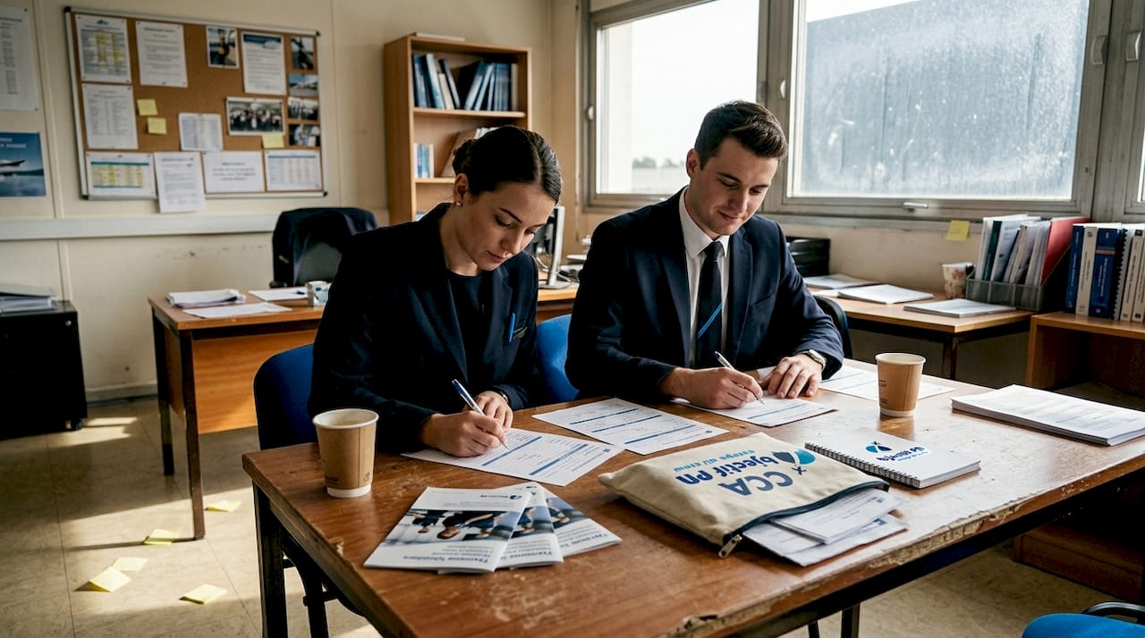 Deux membres d’équipage cabine en train de remplir des papiers administratifs dans un bureau de la compagnie aérienne.
