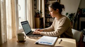 Une femme prépare son dossier de candidature pour devenir hôtesse de l’air, confortablement installée chez elle.