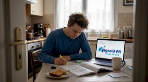 Installé à la table de la cuisine, quelqu’un révise ses cours d’aéronautique, entouré de manuels et de notes.