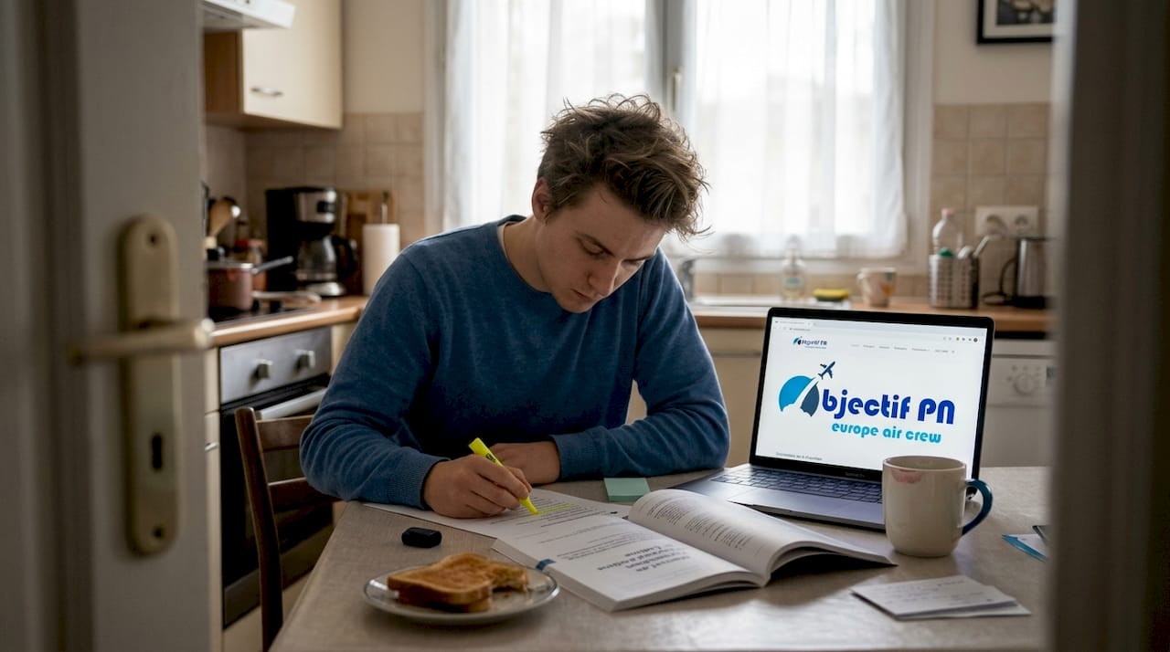 Installé à la table de la cuisine, quelqu’un révise ses cours d’aéronautique, entouré de manuels et de notes.