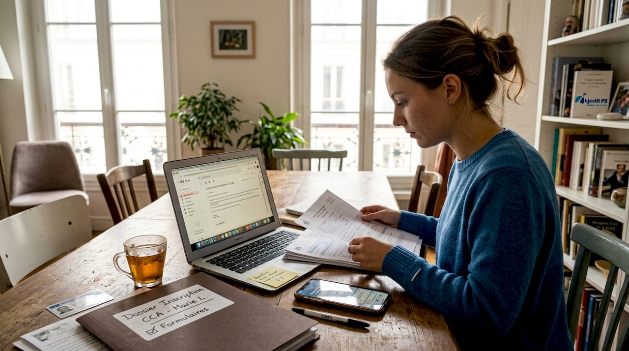 Une étudiante en pleine préparation de son dossier d’inscription au CCA, installée chez elle.