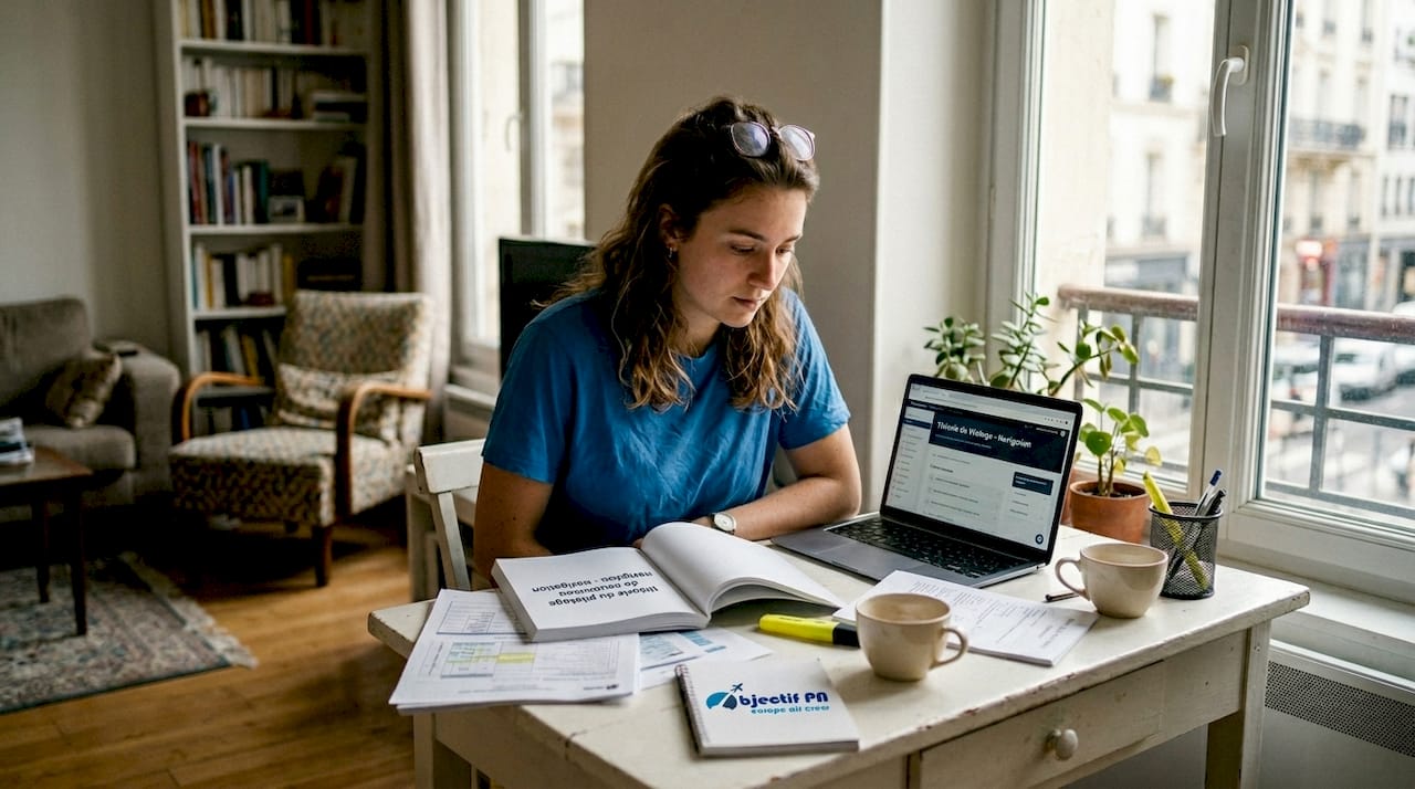 Une femme révise ses dossiers CCA tranquillement chez elle.