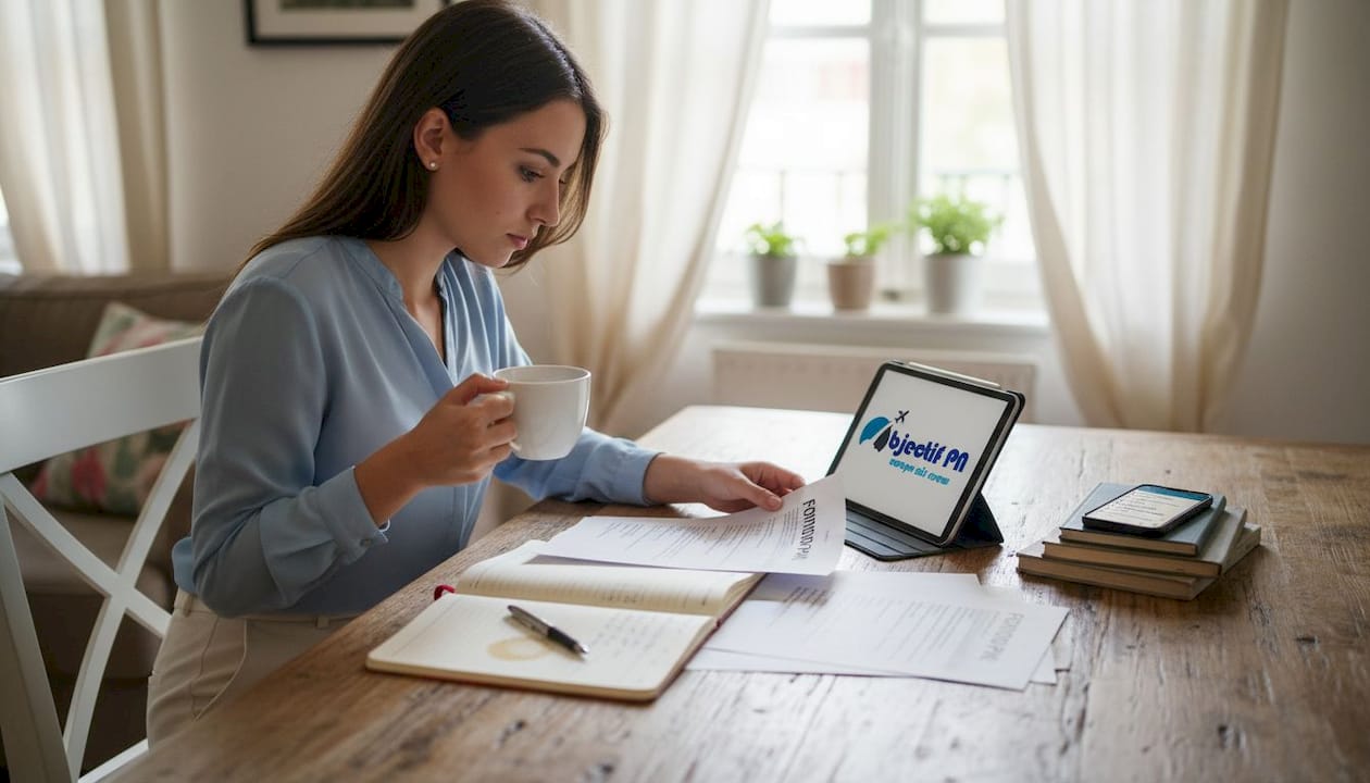Une femme qui révise son programme de formation PNC tranquillement chez elle.