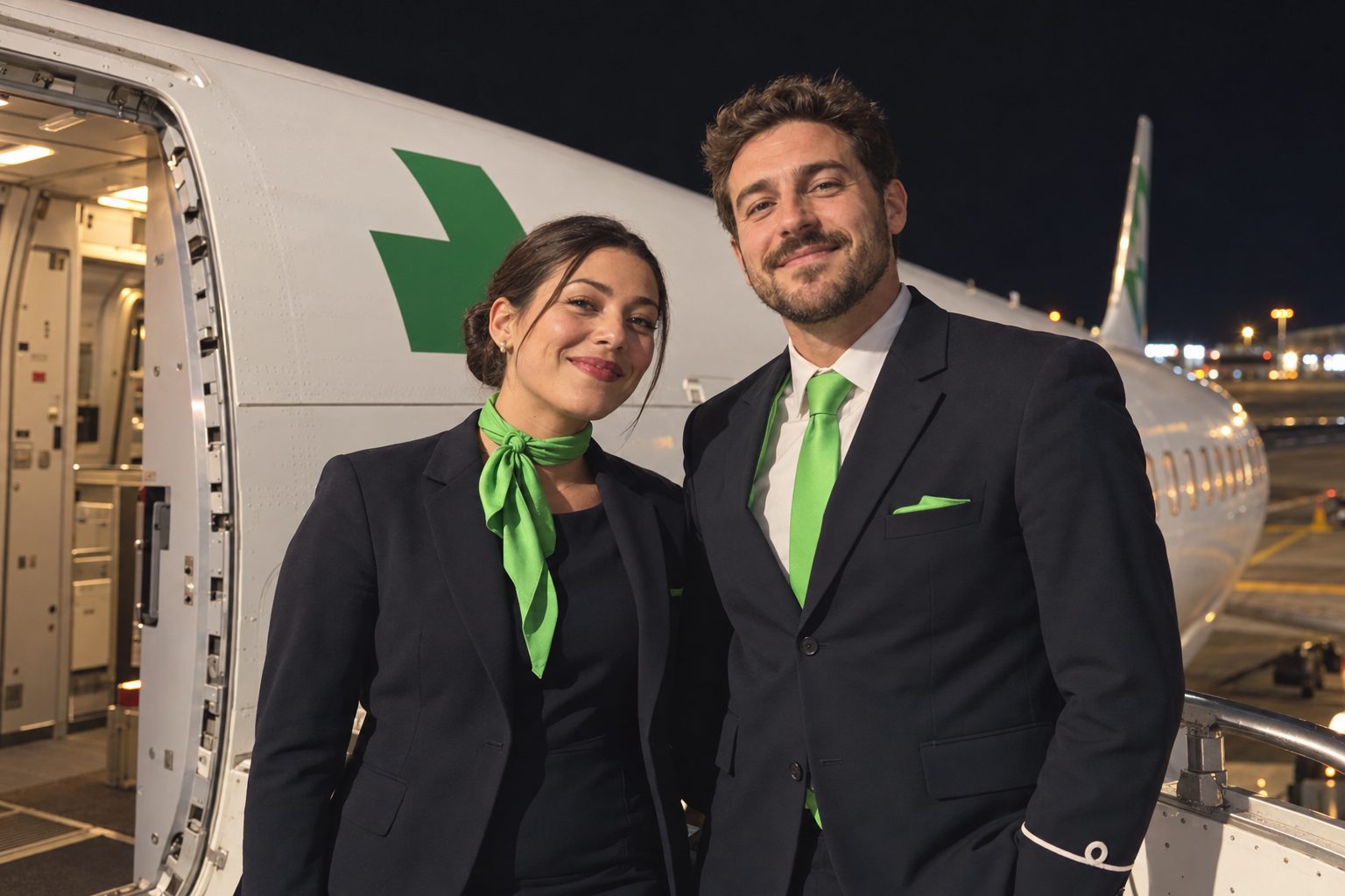 Deux membres d’équipage en uniforme près de la porte d’un avion — illustration avec visages transformés.